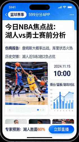 599比分APP手机屏幕截图 - 显示篮球赛事新闻与分析